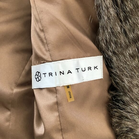 Trina Turk Women’s Faux Fur Coat Size M Medium Outdoor Winter Being Tan Brown - Picture 5 of 11